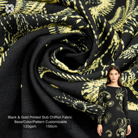 Kain Rayon/Nylon Cetak Bunga Kuning di Atas Latar Belakang Hitam, Grosir Kustom, OEM ODM untuk Gaun & Blus Wanita & Remaja Putri