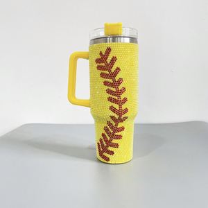 Full Wrap Stainless Steel White Yellow <b>Thermos</b> <b>Bottle</b> Cup Rhinestone Baseball Print Bling Tumbler - Product Image 3