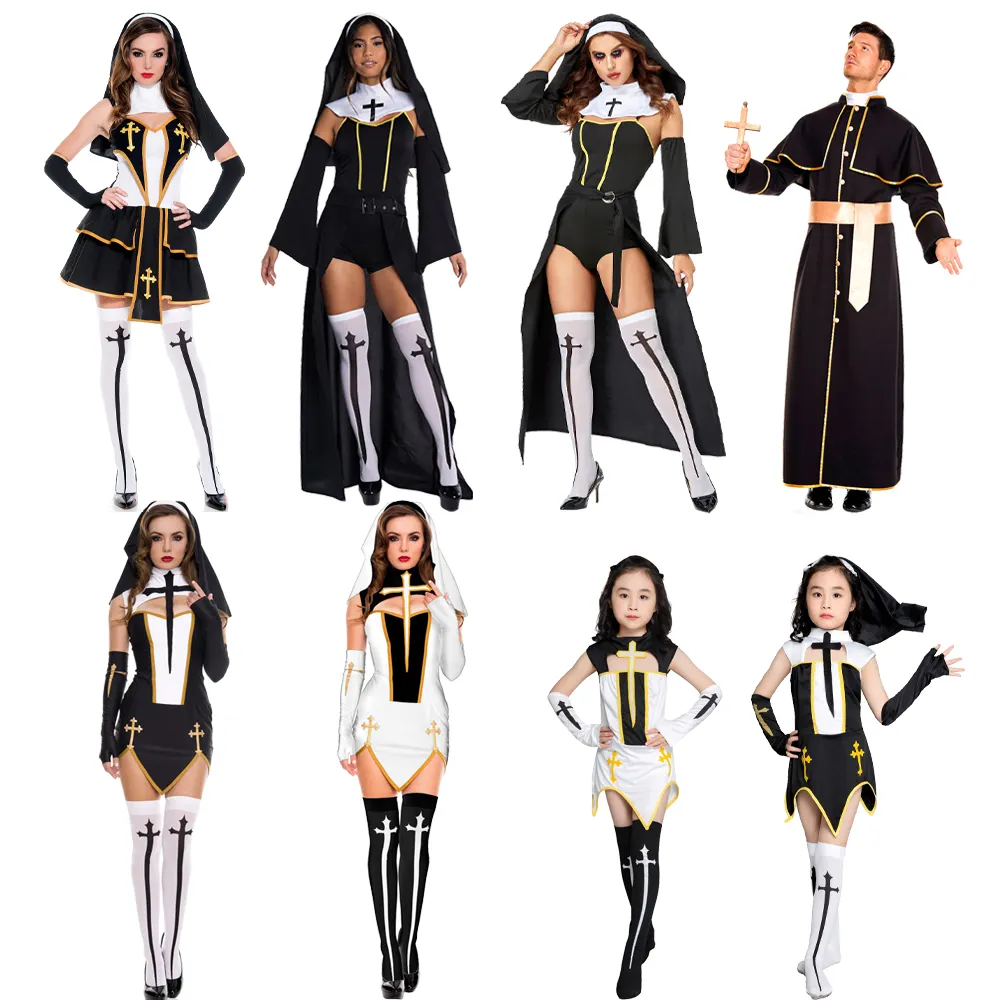 Virgin Mary Sexy Nun Costume Women's Carnival Halloween Fancy Dress Cosplay Dress With Black Hood For Children and Adults