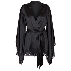 Summer Ladies Luxury 100% Polyester Lace <strong>Bride</strong> Lingerie Pure Kimono Blank Black Satin Women Silk Robes - Product Image 2