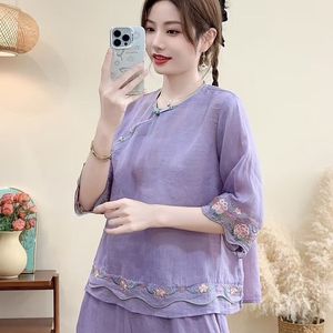 Traditional Chinese Embroidered Cotton Linen Top Women Loose Three Quarter Sleeve White Pink Yellow Purple JK346 - Product Image 2