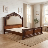 Lit double en chêne massif de style néoclassique américain, 1,8 mètre, avec tête de lit rembourrée en cuir pour chambre principale
