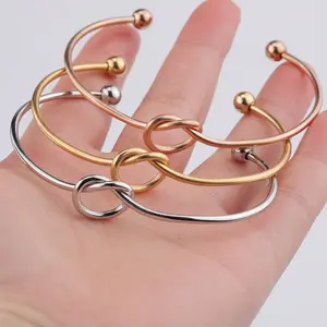 Wholesale Silver 18k Gold Plated Adjustable 60mm Friendship Love Knot Bangle Bracelet Stainless Steel Knotted Open Cuff Bangle