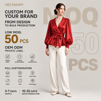 Chemisier rouge satiné pour femme, style cache-cœur, manches longues bouffantes, ourlet peplum, taille à nouer, pour rendez-vous galants et soirées, OEM, marque privée