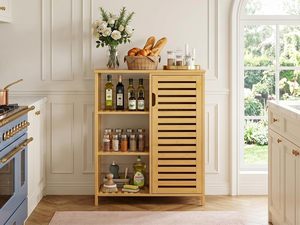 Mobiletto da <span class=keywords><strong>Bagno</strong></span> in Bambù con Anta e 3 Ripiani Aperti, Armadietto Laterale Autoportante per Cucina - Product Image 1