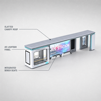 Abri de bus accessible en acier inoxydable avec signalisation braille et repères tactiles pour les passagers malvoyants.
