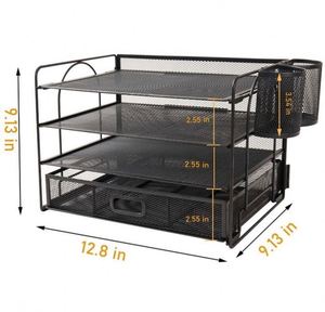 Metal 4-Trays Desktop <b>File</b> <b>Organizer</b> with Pen Holder Letter Tray Paper <b>Organizer</b> with Drawer and Pen Holders - Product Image 2