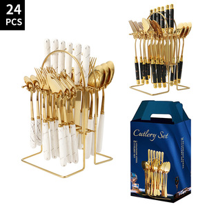 Bán buôn 24 cái thép không gỉ Gốm xử lý <span class=keywords><strong>Flatware</strong></span> dao muỗng nĩa vàng sang trọng thiết lập dao kéo với sang trọng đứng giá - Product Image 1