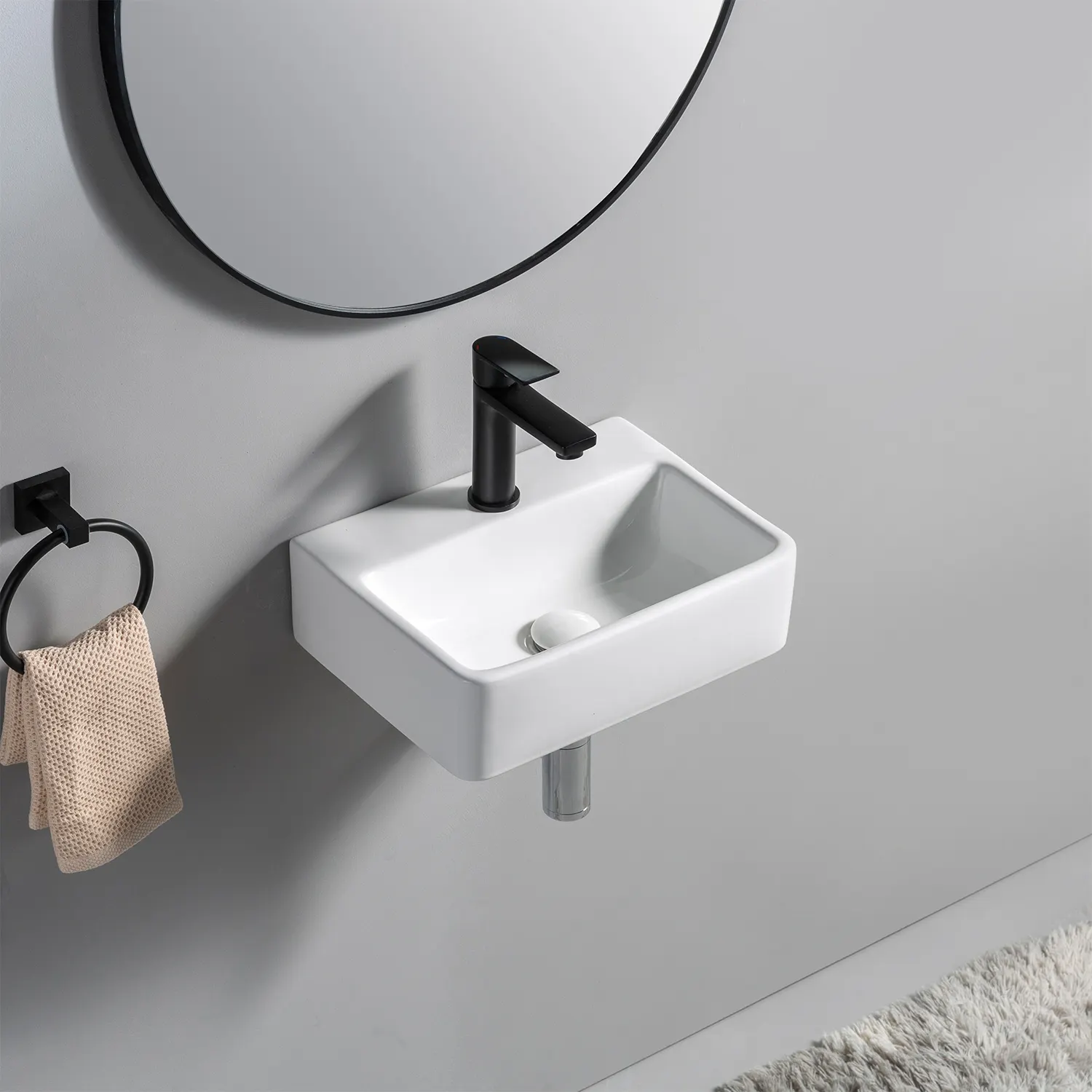Modern Rectangular Small Size Hand Washing Basin Ceramic Single Hole Wall Hung Mounted Bathroom Basin Sink