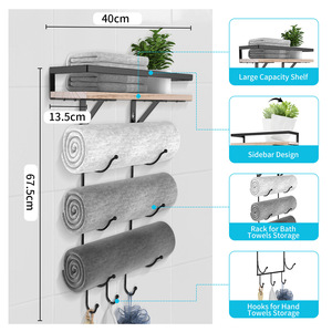 3 In 1 Towel Rack 4 Layers Black Metal Wall Mount Bathroom Storage Organizer <b>Shelf</b> With <b>Hooks</b> For Towels And Bath Accessories - Product Image 4