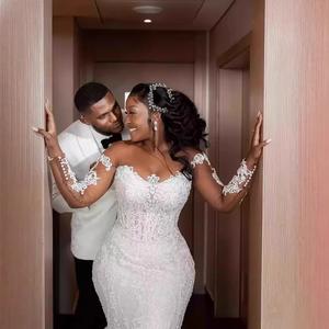 Vestido <span class=keywords><strong>de</strong></span> Novia <span class=keywords><strong>de</strong></span> Talla Grande Estilo Árabe Aso Ebi con Encaje y Cuentas, Estilo Sirena, Cuello Transparente, Brillante, Vintage - Product Image 1