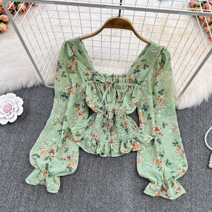 <span class=keywords><strong>Camicia</strong></span> Primaverile Retrò con <span class=keywords><strong>Colletto</strong></span> Quadrato, Maniche a Sbuffo, <span class=keywords><strong>Volant</strong></span> Floreali in Chiffon, Vestibilità Slim con Fiocco, Elegante per Donne - Product Image 3