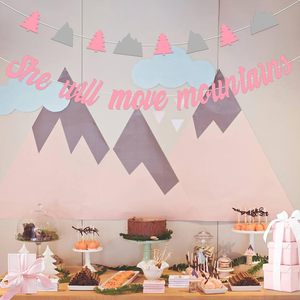 Decorazioni per Baby Shower a Tema Montagna, Striscione 'She Will Move Mountains', Banner con Alberi di Montagna Rosa <span class=keywords><strong>e</strong></span> Grigio per Festa Baby Shower Avventura - Product Image 4