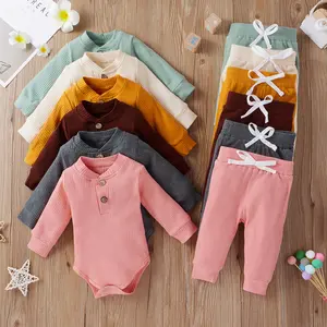Bayi Kapas Rompers Jumpsuit Unisex Bayi Pakaian Lengan Panjang Jumpsuit dengan Celana Pakaian Bayi Set 0-3-6 Bulan
