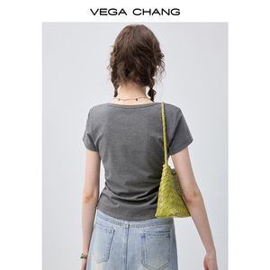 <span class=keywords><strong>Camiseta</strong></span> Ajustada Color Gris Oscuro para <span class=keywords><strong>Mujer</strong></span>, Marca VEGA CHANG, con Cuello en V con Cordón y Detalle Fruncido Lateral, Top Casual de Manga Corta - Product Image 5