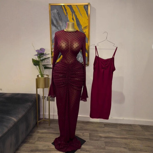 เดรสยาวแขนกระดิ่งผ้าตาข่ายซีทรูแต่งลายดอกไม้สำหรับผู้หญิง พร้อมเดรสซับใน แฟชั่น - Product Image 1