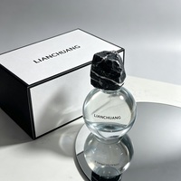 Flacon de parfum en verre transparent rond avec bouchon en pierre et boîte cadeau bleu foncé, logo personnalisé, flacon de parfum vide