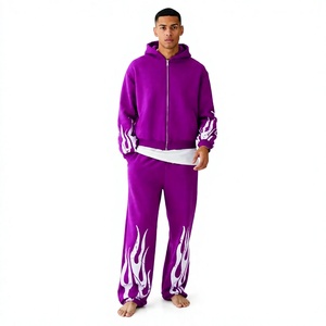 LONG MISSION INDUSTRY Chándal Morado con Capucha para Hombre, Estampado de Llamas, Cierre con Cordón, Bolsillos Laterales, Estilo Urbano Informal - Product Image 1