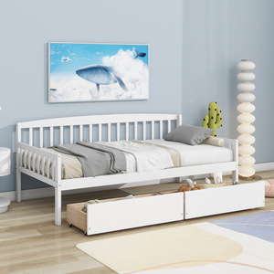 White Solid Wood <b>Kids</b> <b>Storage</b> Bed With Drawers And Guardrails For Bedroom Child Use - Product Image 3