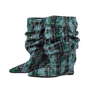 Bottines souples femmes Plaid Denim surdimensionné <span class=keywords><strong>large</strong></span> <span class=keywords><strong>mollet</strong></span> bout pointu sculptural talon compensé Grunge Style occidental - Product Image 2