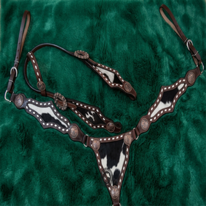 Conjunto de aparejos de cuero de primera calidad para caballo estilo vaquero occidental con brida, pechopetral y cabezada, accesorios para arena y sendero. - Product Image 1