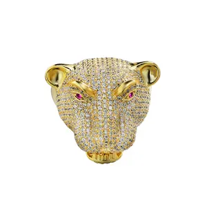 New Design 925 Sterling Silver Cubic Zircon Hip Hop Fashion Jewelry Red Eyes Gold Leopard Ring