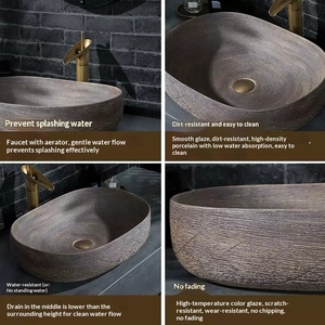 Lavabo de comptoir rétro en bois grainé, grand lavabo ovale créatif à trou unique pour maison d'hôtes ou balcon - Product Image 3