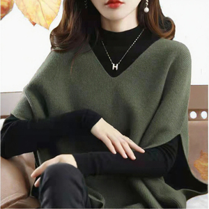 Pull sans manches en maille côtelée pour femme, col en V, manches chauve-souris, coupe ample, en mélange polyester-coton, idéal pour le printemps - Product Image 2