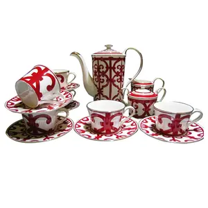 Factory Wholesale Chinese Style Luxury Bone China Tea Cup Set Porcelain Coffee Tea Cup White Red Coffee Cup And Saucers Set