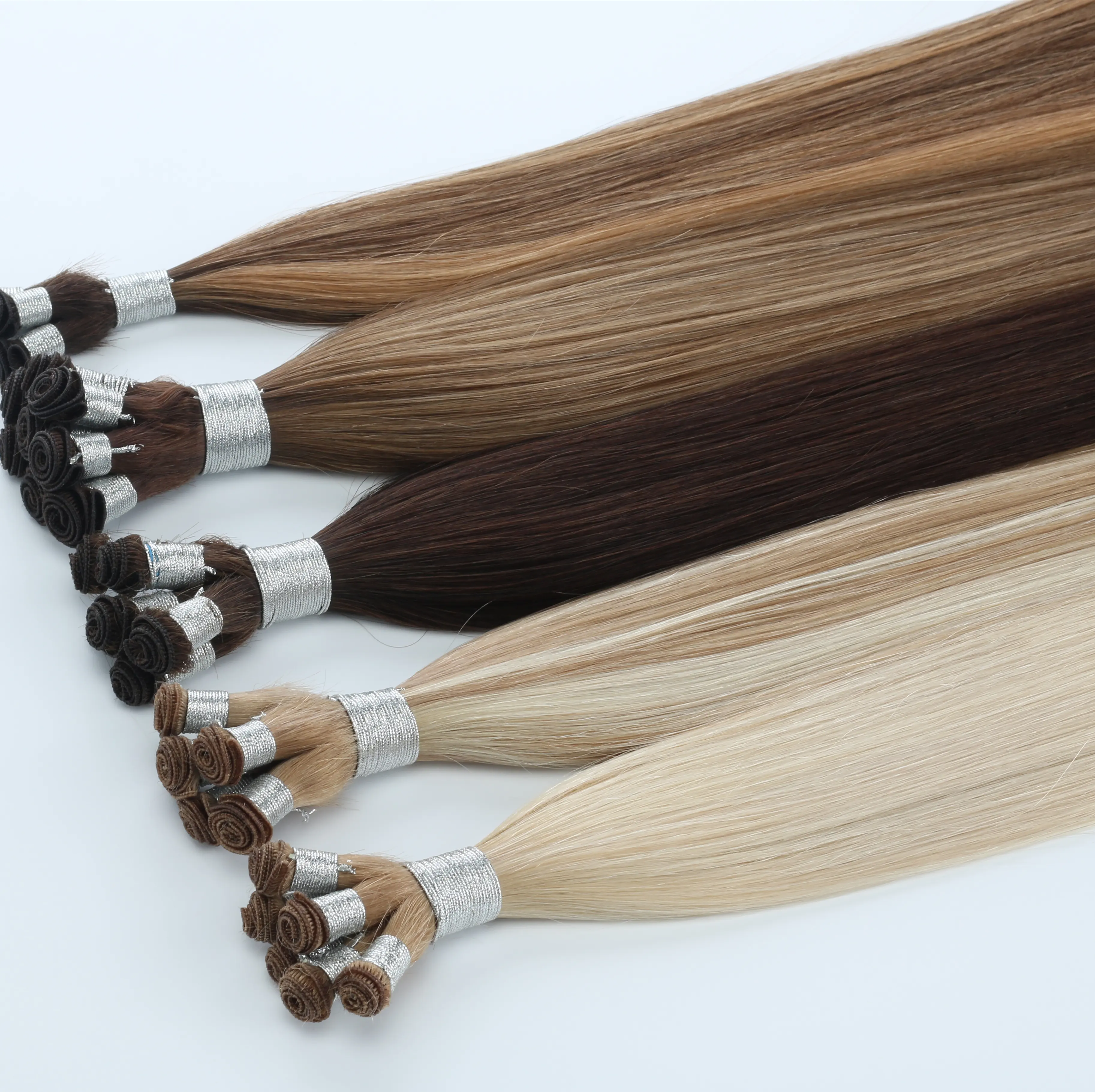 Private Label Deluxe Russian Cuticle Human Hair Double Drawn Hand Tied Weft Hair Extensions