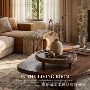 Plateau décoratif rond en bois de pin avec bordure perlée pour la décoration de la maison ou d'une ferme - Product Image 4