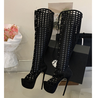 Bottes hautes sexy d'été pour femme, à bout ouvert, ajourées, en maille et dentelle, à talons aiguilles fins