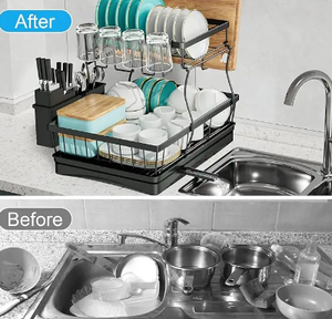 طبقة واحدة سعة كبيرة أواني قابلة للطي من الفولاذ المقاوم للصدأ رف تجفيف لأسطح المطبخ مع حوامل أطباق ووعاء - Product Image 3