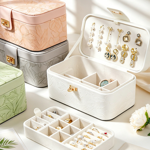 Button Flip Top Jewelry Box <b>Storage</b> Case with Compartments for Necklace Earrings Rings Jewelry Organizer <b>Chest</b> - Product Image 4