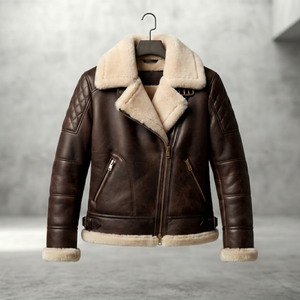 Blouson en cuir pour homme avec col en fausse fourrure et fermeture éclair - Product Image 1