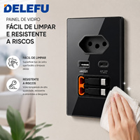 Prise murale DELEFU de type N brésilien, charge rapide 20W USB-C USB-A avec câble rétractable de 65 cm, panneau en verre, prise de courant