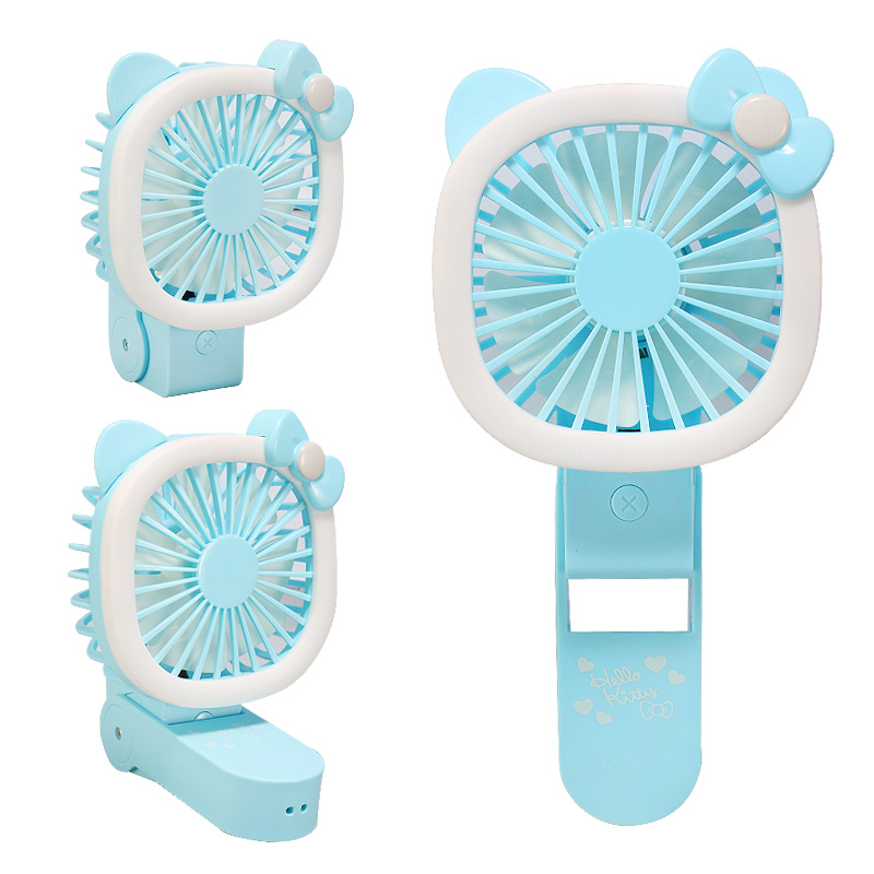 Хит продаж, уличный милый маленький вентилятор с мультипликационным принтом, со светодиодной лампой для девочек, ручной поворотный складной электрический вентилятор