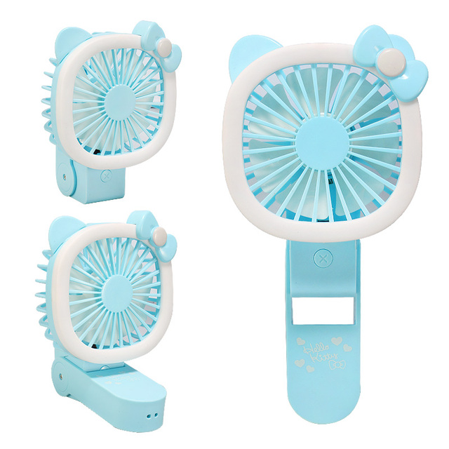 Hot Sell Outdoor Cute Cartoon Small Fan with LED Lamp Girls Handheld Rotary Folding Electric Fan