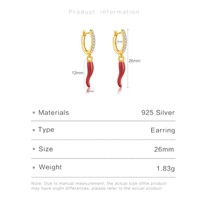 Pendientes de Clip FUAMAY Minimalistas de Plata de Ley 925 Chapados en Oro Fino con Circonita y Esmalte Rojo Amarillo Intenso en Forma de Pimiento Peppa - Product Image 2
