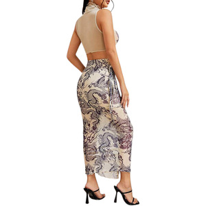 New Female Sleeveless Stand Collar Ankle-Length Digital Printed Navel <b>Sexy</b> Mesh Stitching Two-piece <b>Set</b> - Product Image 2