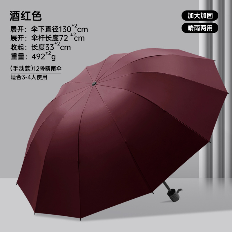 Parapluie 12 os-130cm-noir-enduit-bordeaux modèle manuel