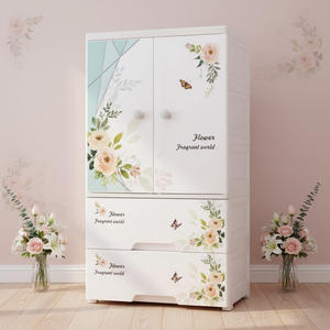 Armoire bébé à 5 niveaux à motif floral avec tiroir, étagère empilable en plastique, commode pliable avec roulettes pour la cuisine - Product Image 3