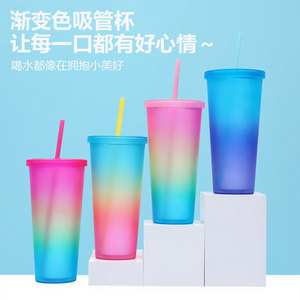 Shang Kou Ai 24oz <b>Double</b> <b>Walled</b> Plastic Cup Macaron Gradient Color Frosted Travel <b>Mug</b> Bpa Free Large Capacity Water Bottle - Product Image 4