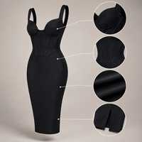Robe moulante mi-longue noire pour femme, style corset, col cœur, bretelles épaisses, idéale pour les cocktails et événements formels, destinée aux acheteurs de collections de boutiques.