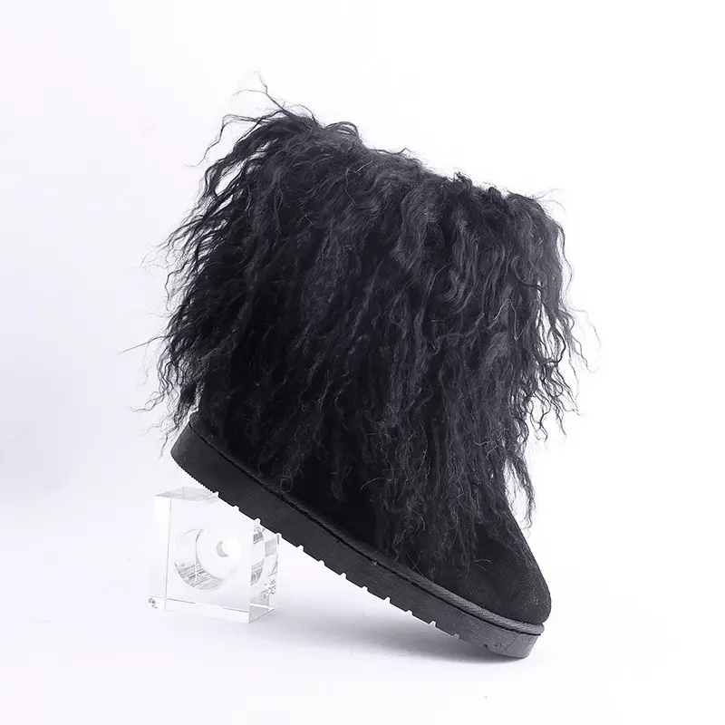 Trendy Stylish Damen Schaffell Pelz Schuhe Schwarz weiß rot Frauen Winter Outdoor Schneeschuhe Faux Mongolian Curly Lamb Pelz Stiefel