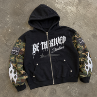 Sweat à capuche zippé Y2K pour homme, noir, à épaules tombantes, imprimé camouflage gothique, avec patch flamme, rivets et strass, style streetwear personnalisé