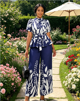 Ensemble deux pièces pour femmes, bleu marine, imprimé floral blanc, haut à volants à manches courtes et pantalon large, tenue élégante décontractée