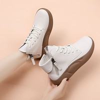 Bottes courtes décontractées pour femmes OEM ODM à plateforme avec fermeture éclair arrière, en cuir PU souple, semelle épaisse, imperméables, noires/blanches, personnalisables