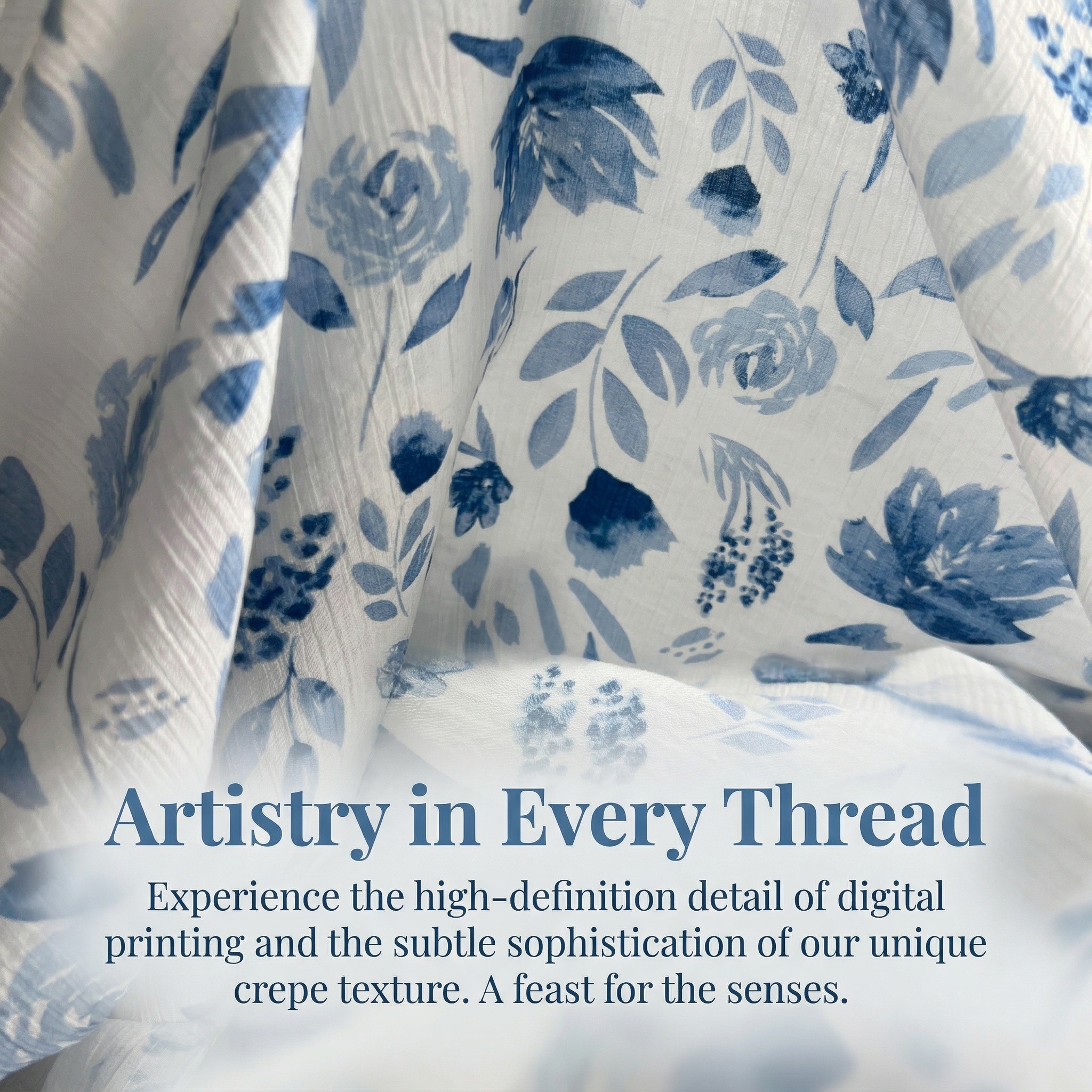 Wholesale Rayon 40% Nylon Fabric Digital Print Crepe Texture Garment Manufacturers Digital Fabric Blue Floral PrintBlend Fabric