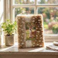 Marco de Fotos de Felpa con Estampado de Ciervo, Marco de Fotos de Piel Sintética Suave y Peluda con Manchas de Ciervo para Cuarto de Bebé, Regalo para Baby Shower